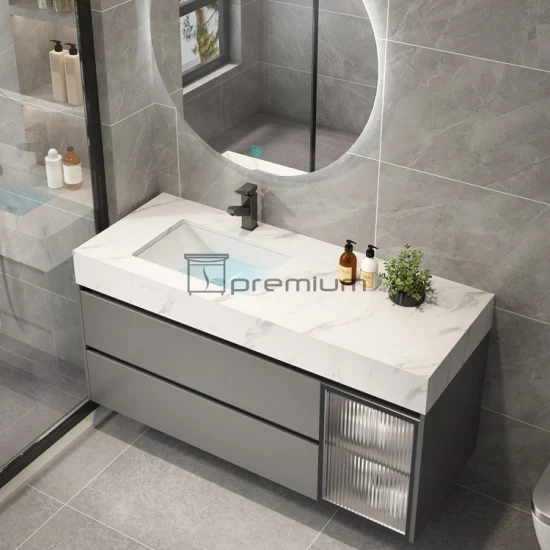 1000mm de largeur de luxe design moderne LED miroir rétro-éclairé en pierre frittée haut lavabo en céramique en bois salle de bain vanité armoire meubles