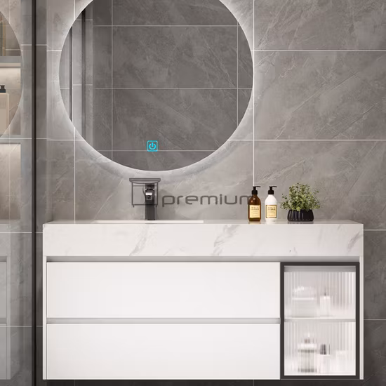 1000mm de largeur de luxe design moderne LED miroir rétro-éclairé en pierre frittée haut lavabo en céramique en bois salle de bain vanité armoire meubles